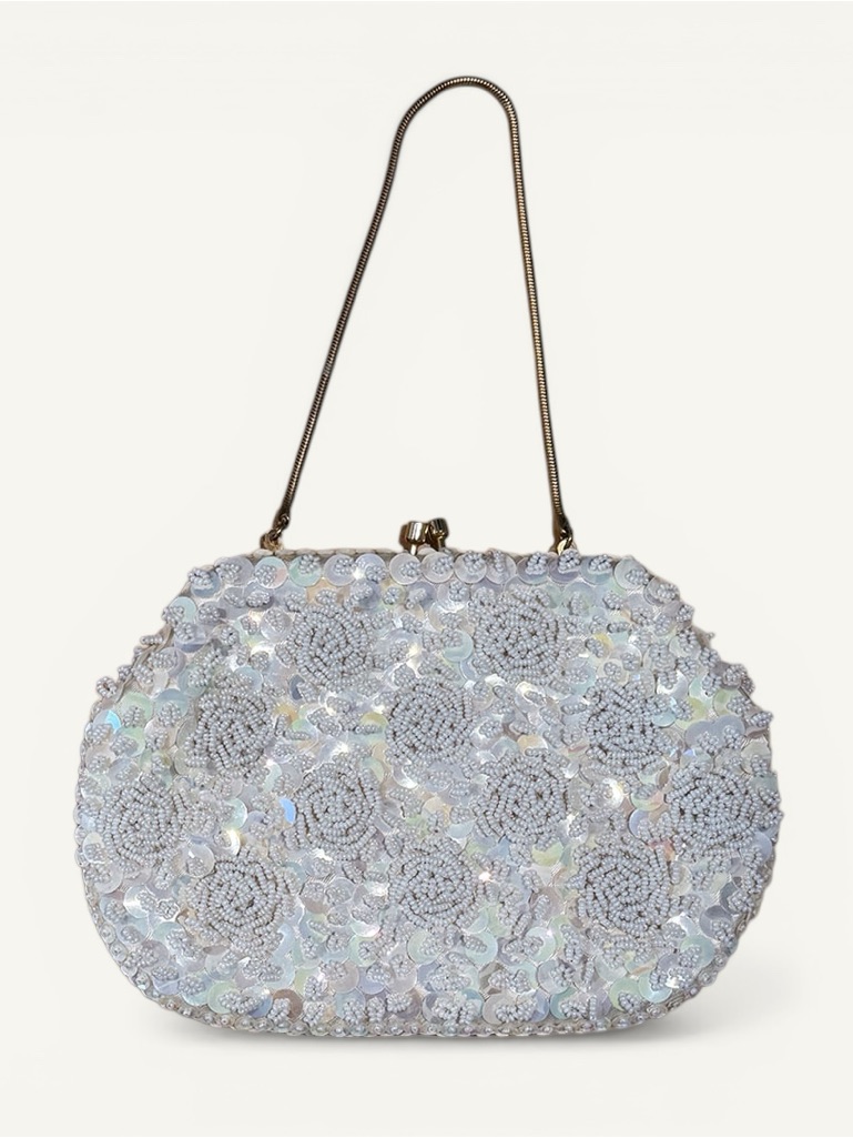 Vintage 1960s Beaded Sequin Evening Bag Bridal Wedding Purse Pearl White